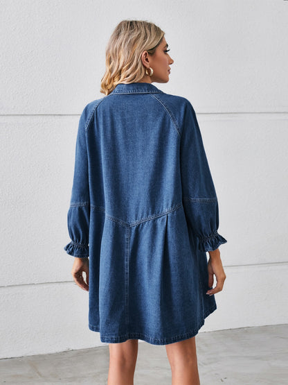 Button Up Flounce Sleeve Mini Denim Dress PREODER