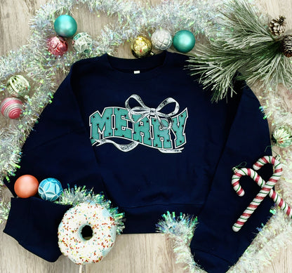 Merry Christmas Bow Short Cropped Sweatshirt