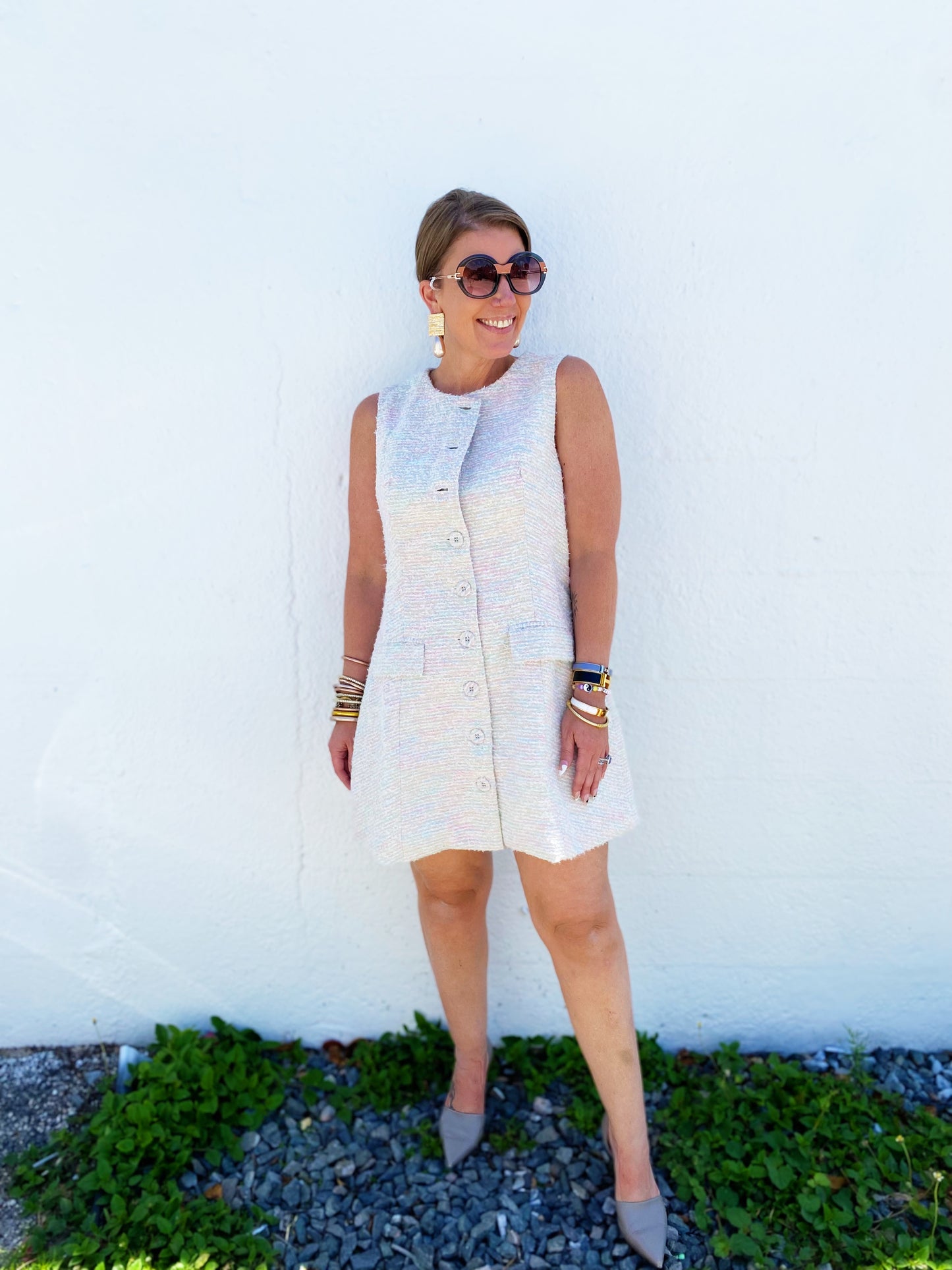 Tweed Sleeveless Button Down Mini Dress