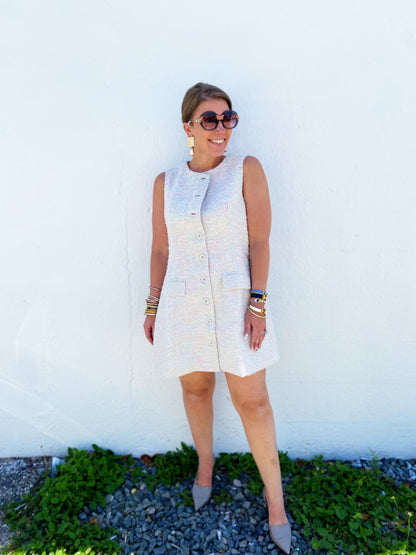 Tweed Sleeveless Button Down Mini Dress