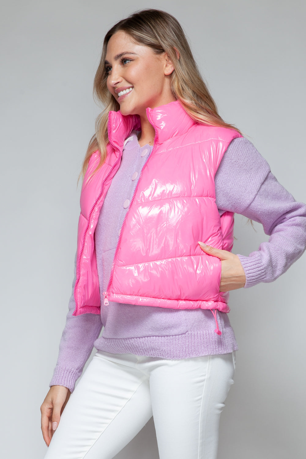 Zip Up Turtleneck Shiny Quilted Vest- PINK