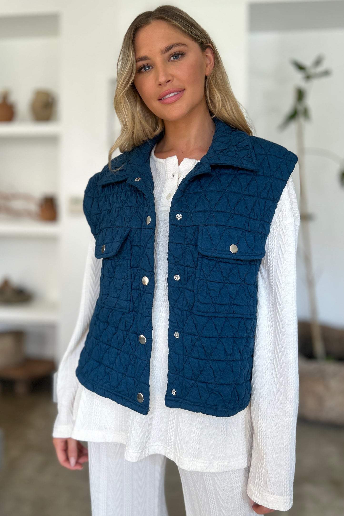 Full Size Pocketed Texture Snap Down Vest Coat