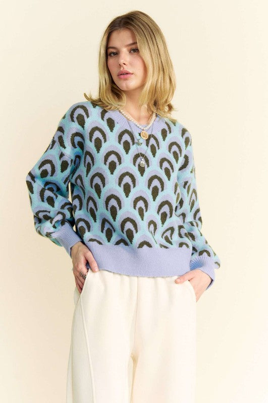 Scale Jacquard Round Neck Drop Shoulder Sweater