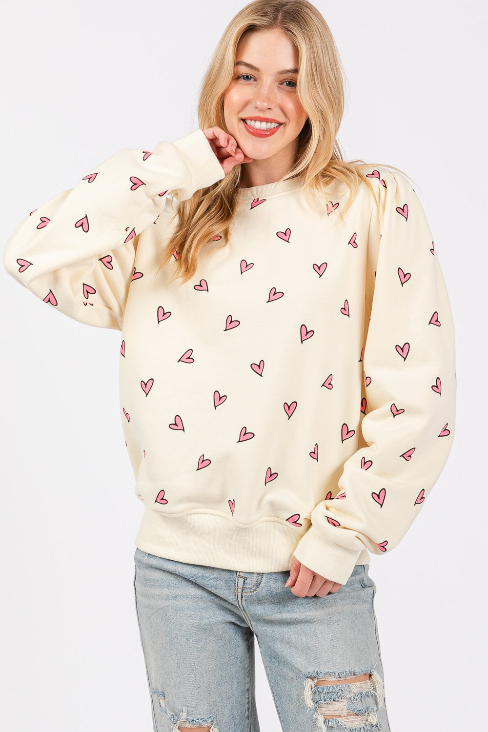 Heart Printed Contrast Long Sleeve Sweatshirt