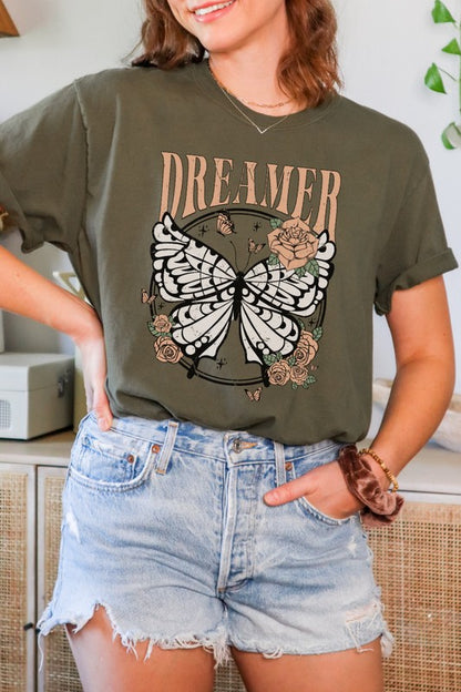 Dreamer Butterfly Comfort Colors Graphic Tee in plus sizes