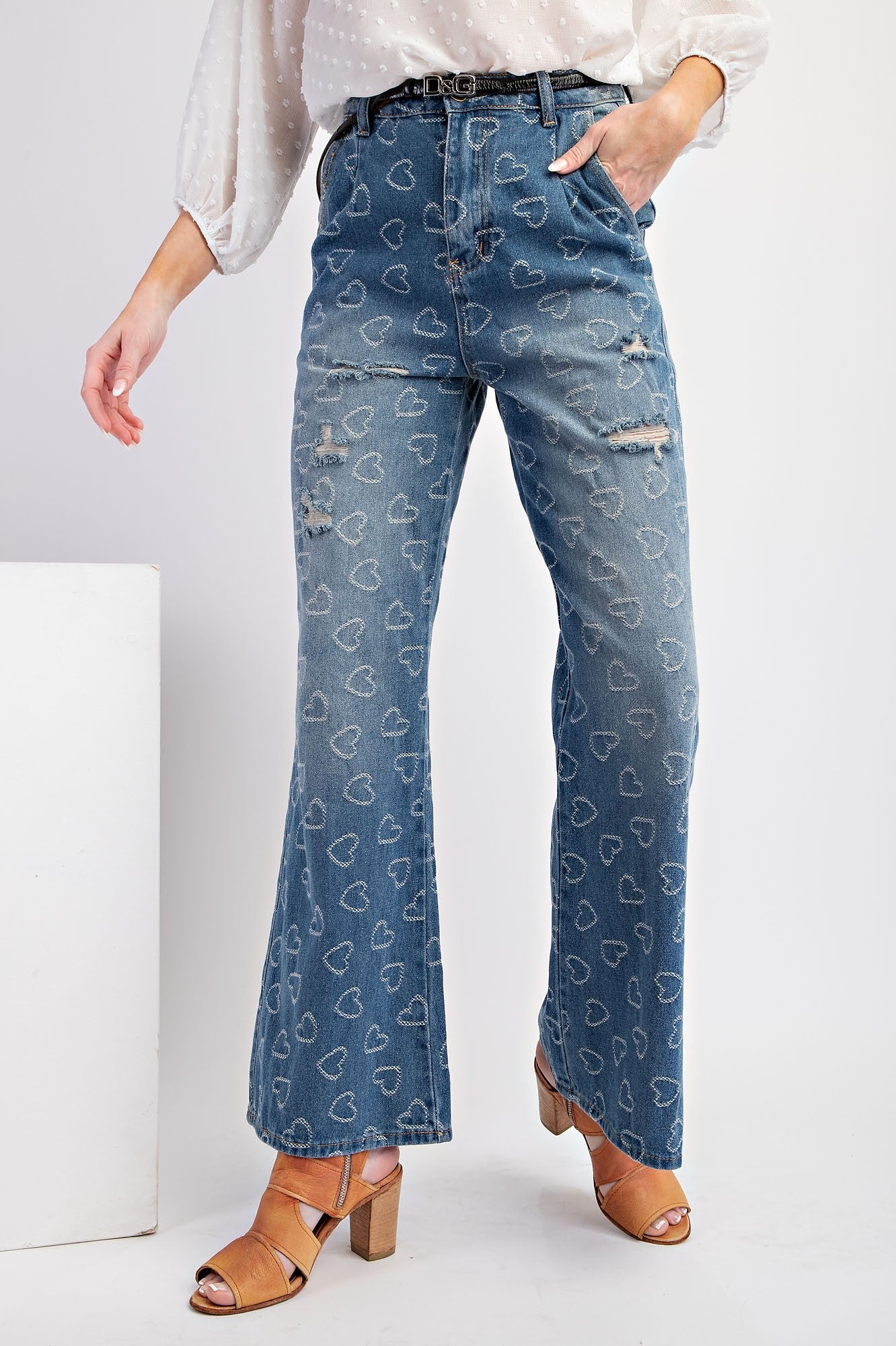 Heart Pattern Washed Denim Pants