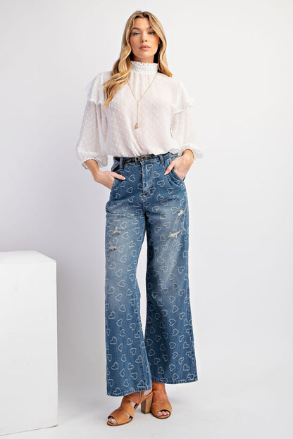 Heart Pattern Washed Denim Pants