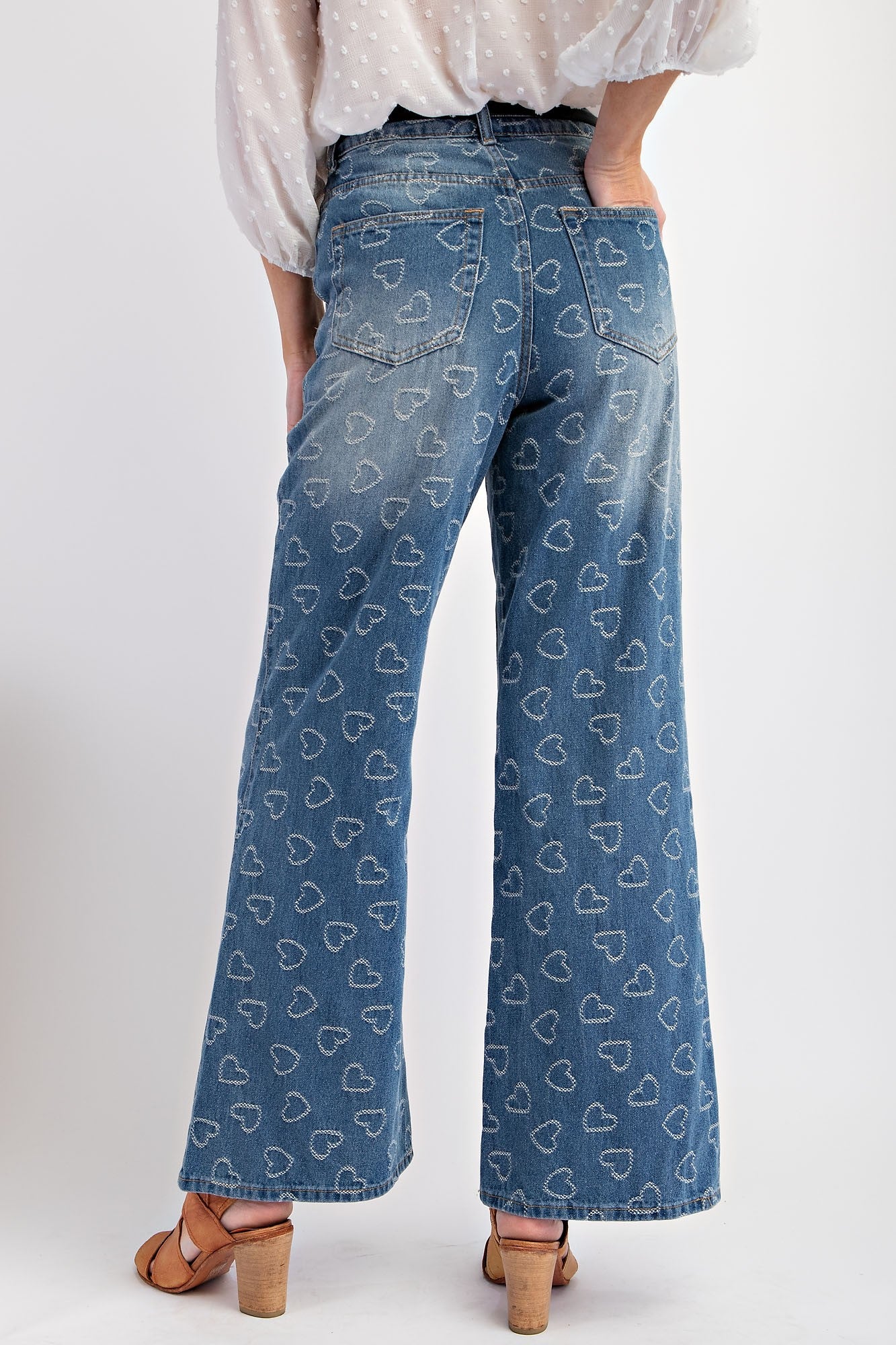 Heart Pattern Washed Denim Pants