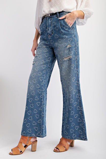 Heart Pattern Washed Denim Pants