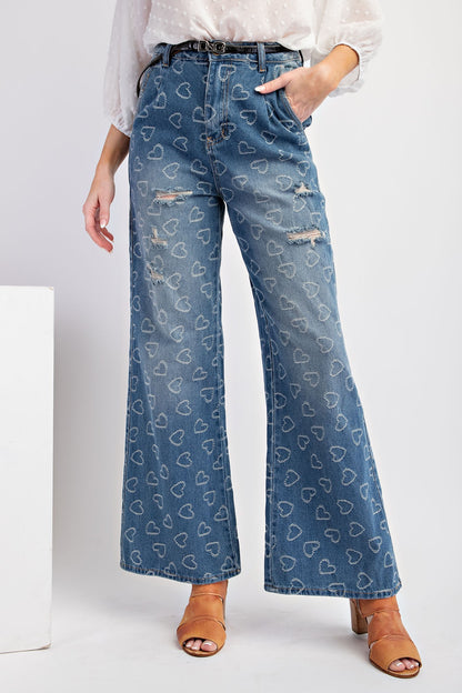 Heart Pattern Washed Denim Pants