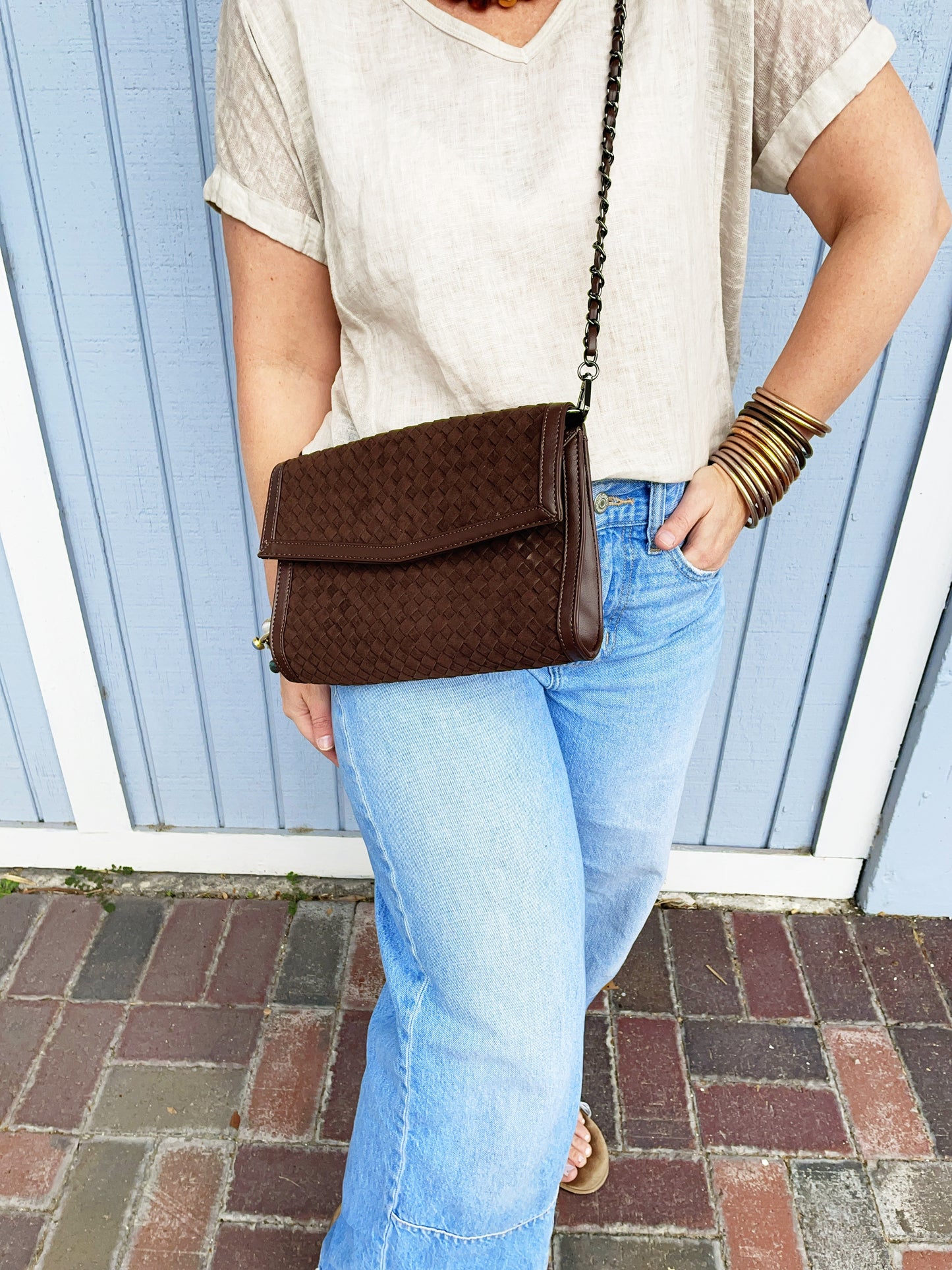 Beth Clutch- Chocolate Woven Vegan Suede