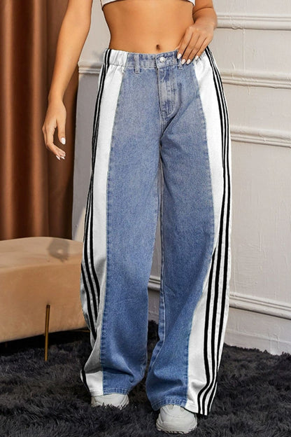 Contrast Side Striped Wide Leg Jeans