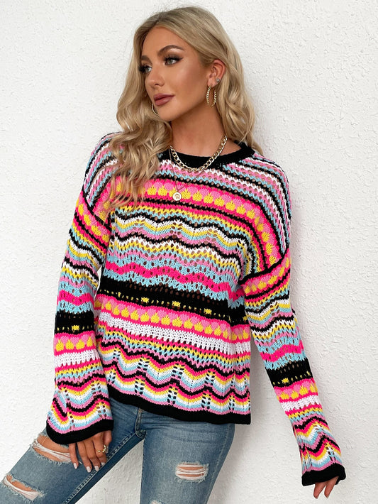 Rainbow Stripe Openwork Flare Sleeve Knit Top PREORDER