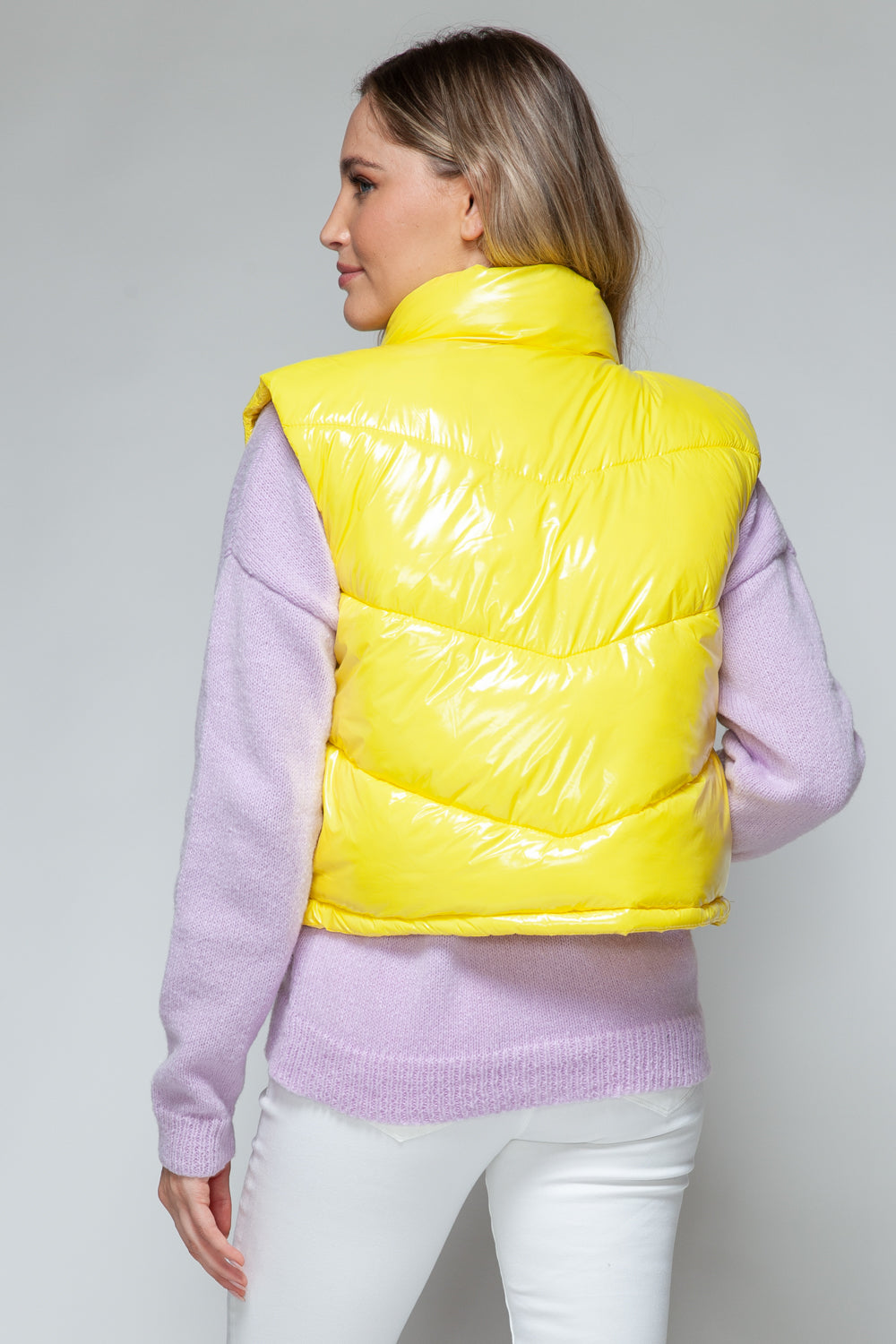 Zip Up Turtleneck Shiny Quilted Vest- YELLOW