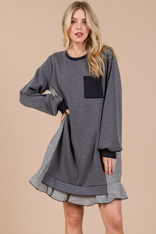 Femme Striped Patchwork Round Neck Terry Sweatshirt Dress