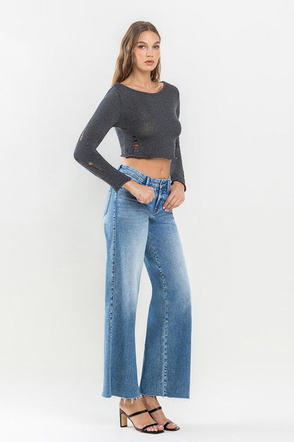 Mid Rise Raw Hem Wide Leg Jeans **Online Only