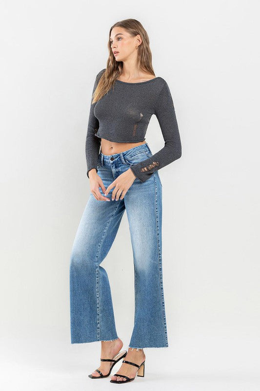 Mid Rise Raw Hem Wide Leg Jeans **Online Only