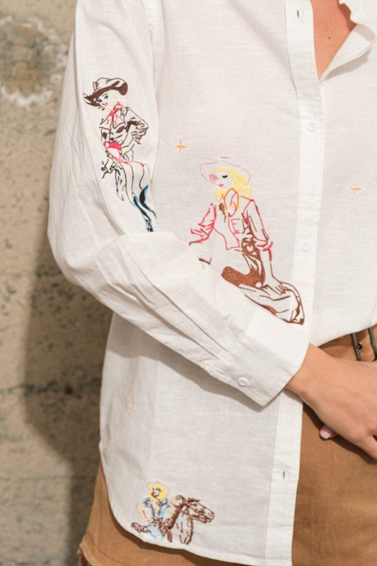 Embroidered Western Cowgirl Linen Shirt Blouse **online only