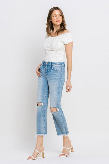 High Rise Frayed Hem Crop Straight Jeans *Online Only