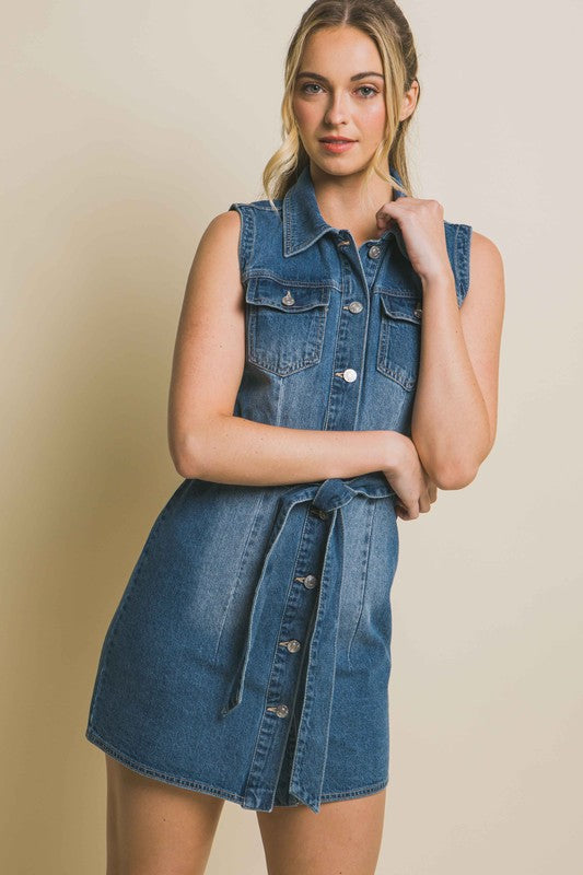 Denim Dress with Waist Tie