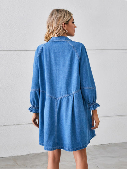 Button Up Flounce Sleeve Mini Denim Dress PREODER