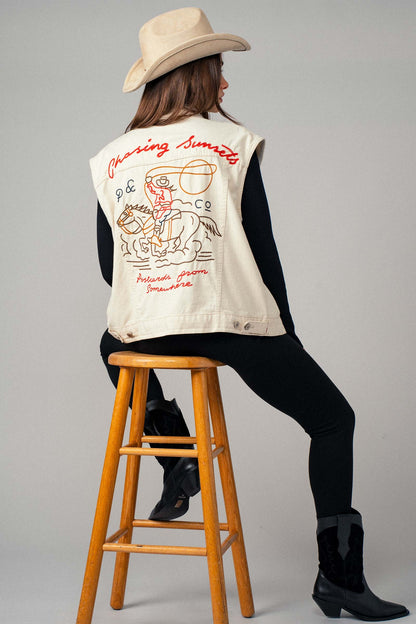 Chasing Sunset Embroidered Blue Denim Vest *preorder