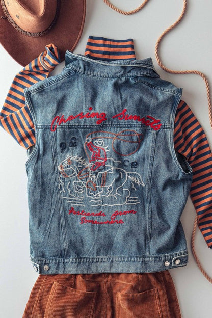 Chasing Sunset Embroidered Blue Denim Vest *preorder