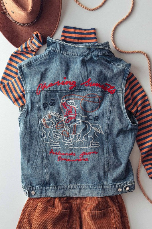 Chasing Sunset Embroidered Blue Denim Vest *preorder