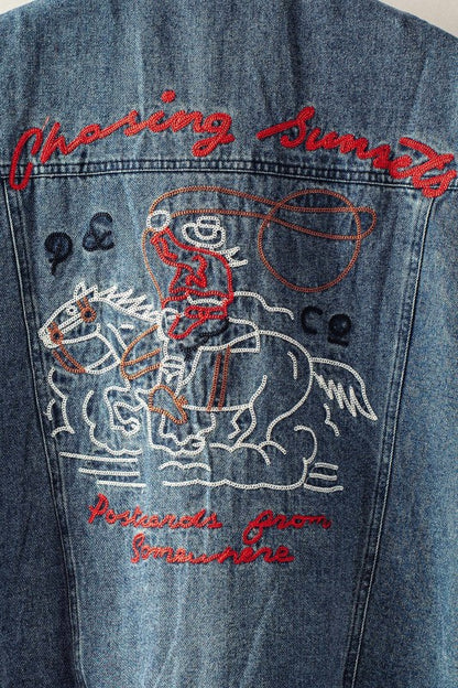 Chasing Sunset Embroidered Blue Denim Vest *preorder