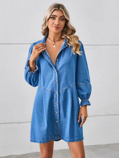 Button Up Flounce Sleeve Mini Denim Dress PREODER