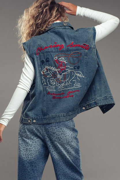 Chasing Sunset Embroidered Blue Denim Vest *preorder