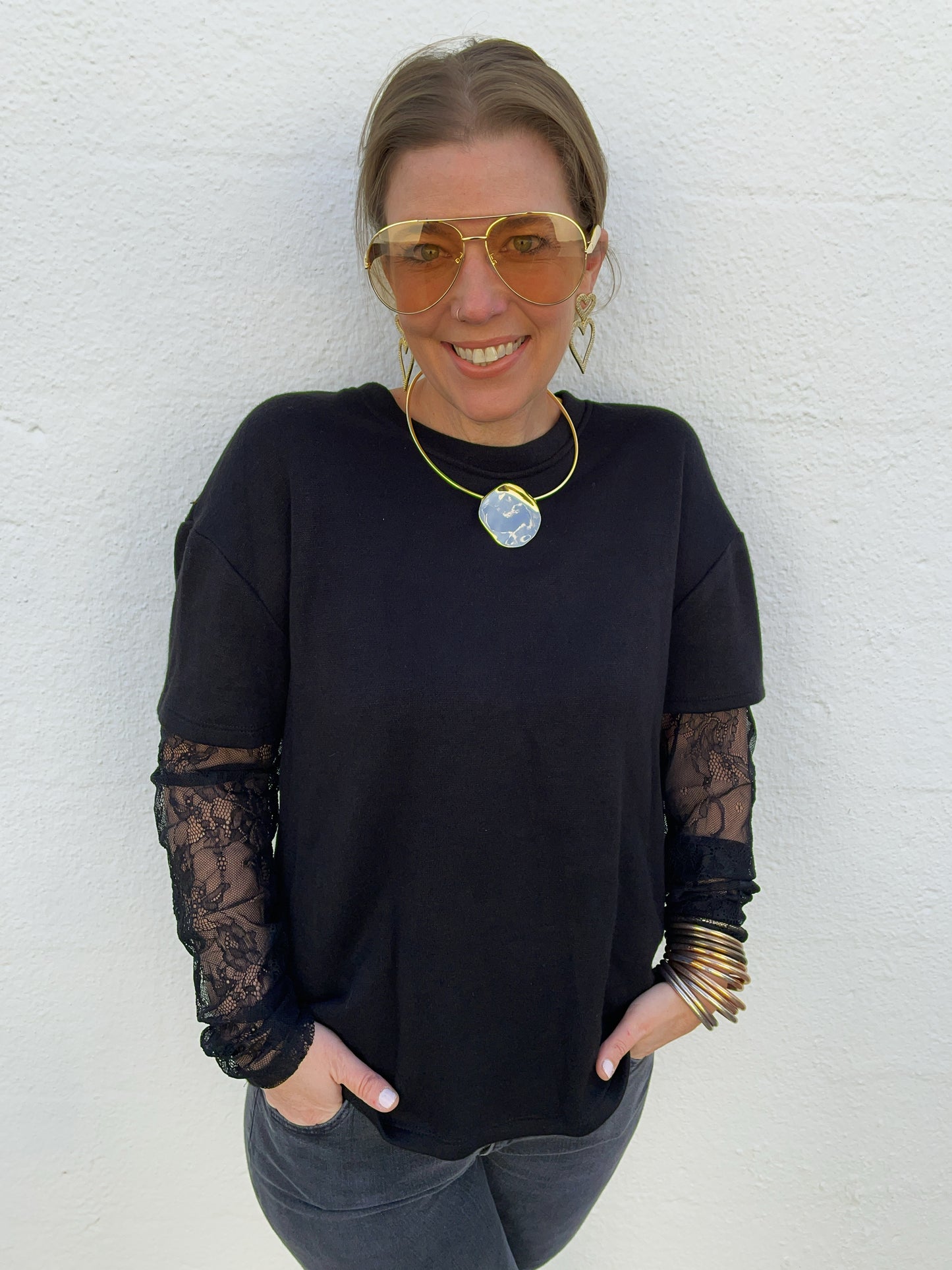 Black Jenny Short Sleeve Sweater with Built in Lace Sleeve