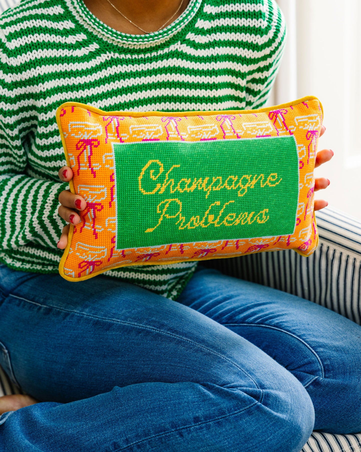 Champagne Problems Needlepoint Pillow