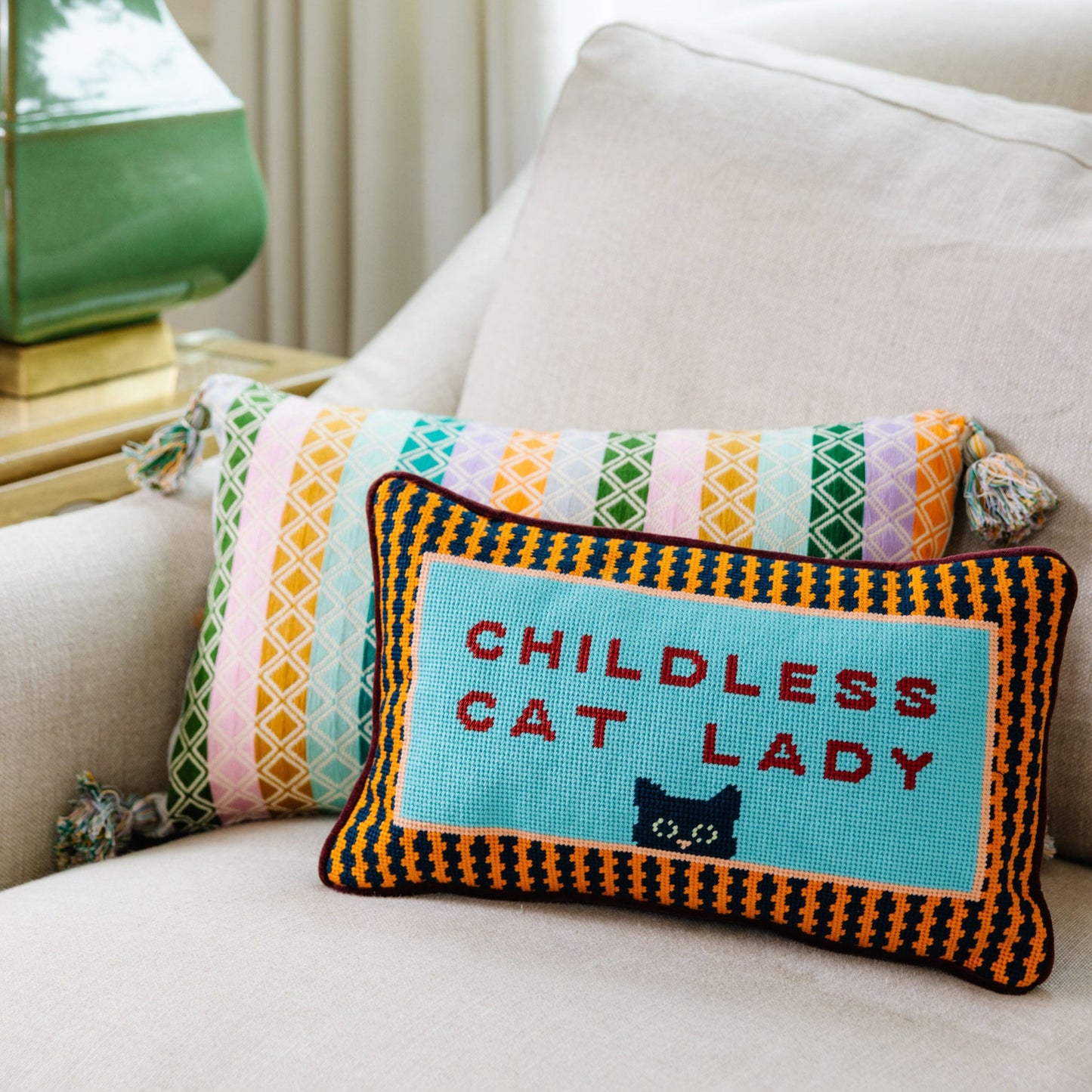 Childless Cat Lady Needlepoint Pillow