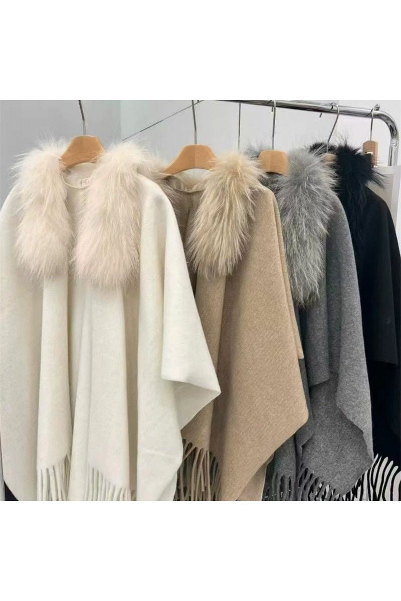 Faux Fur Collar Fringed Knit Cape Shawl in Camel