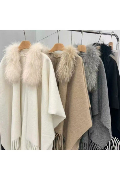 Faux Fur Collar Fringed Knit Cape Shawl in Camel