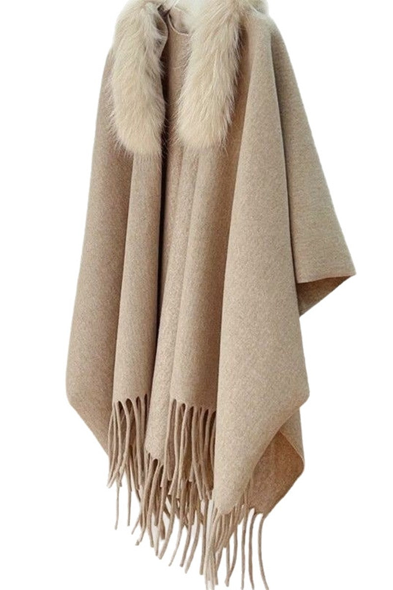 Faux Fur Collar Fringed Knit Cape Shawl in Camel