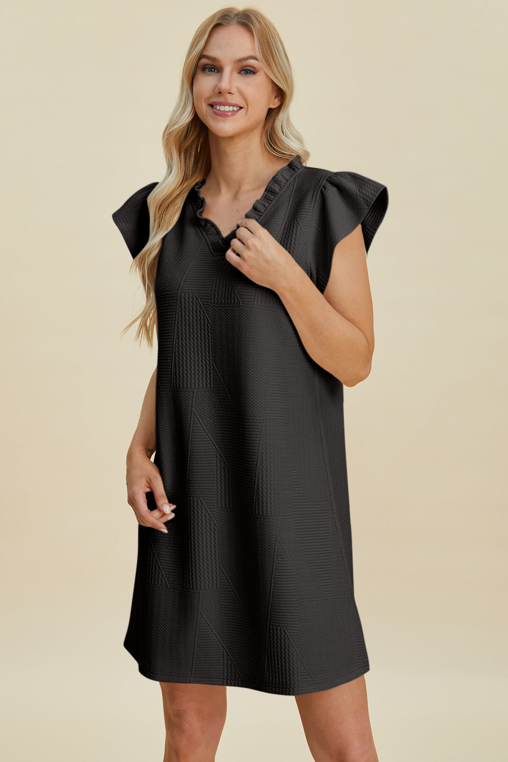 Ruffled V-Neck Cap Sleeve Dress PREORDER