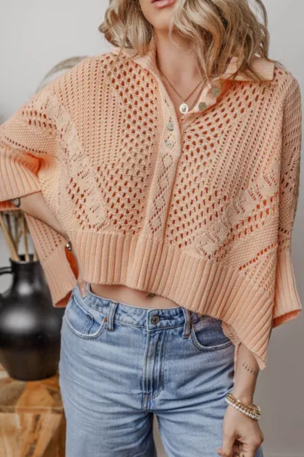 Cutout Collared Neck Three-Quarter Sleeve Sweater PREORDER