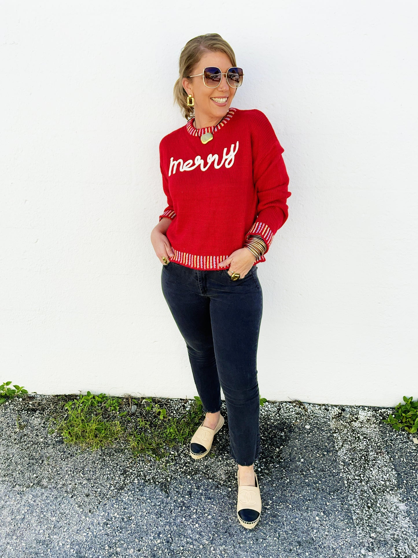 Merry Lettering Embroidered Christmas Sweater