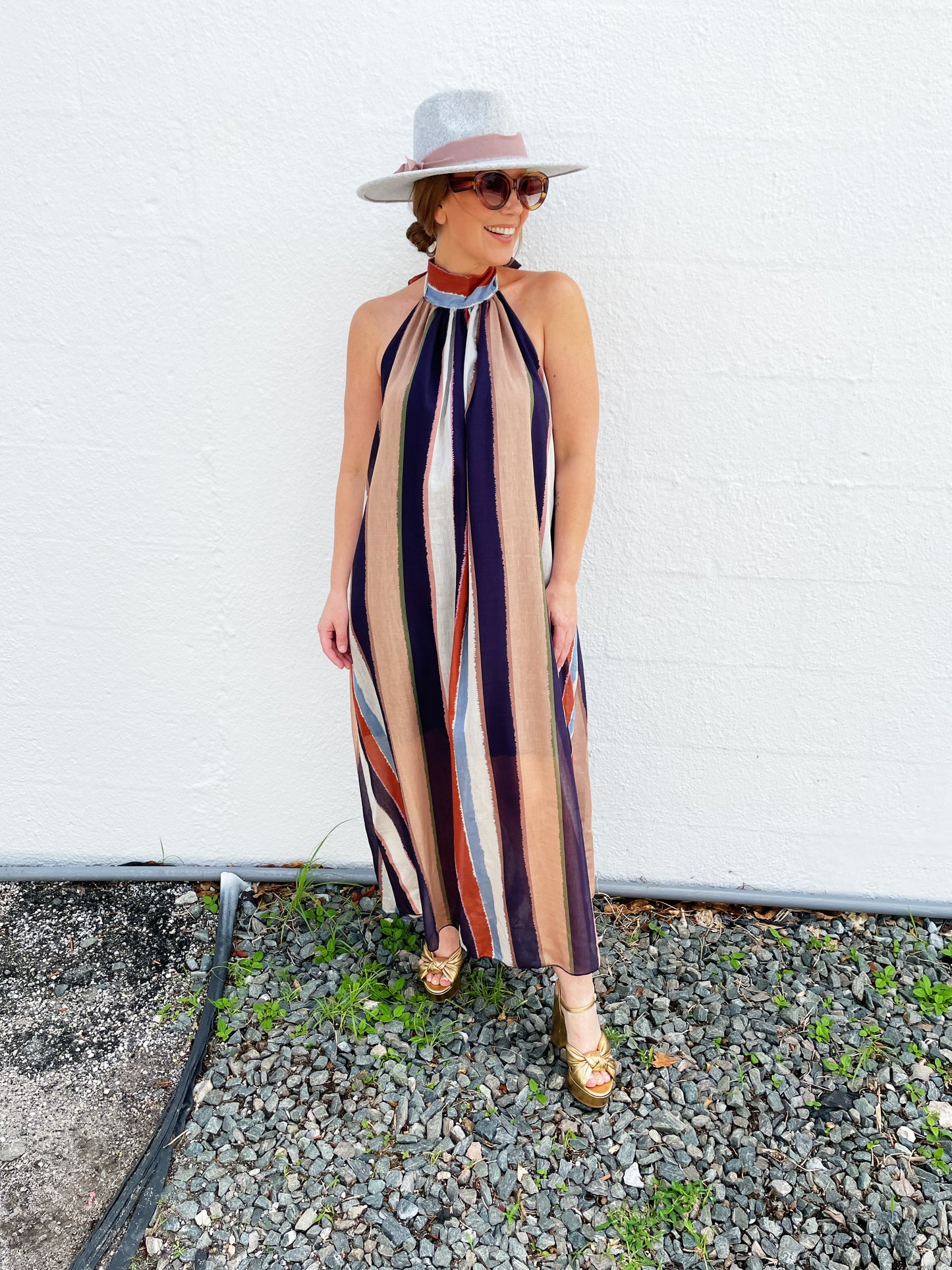 Sarah Dress Khaki, Eggplant and Blue