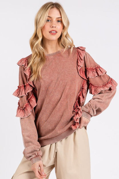 Ruffled Mineral Washed Round Neck Long Sleeve Sweatshirt