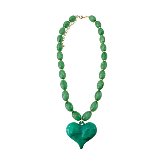 Rainy Green Beaded Necklace with Heart Charm PREORDER