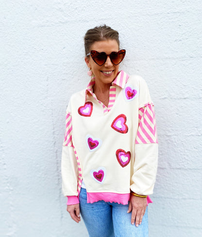 Valentine’s Day Sequin Heart Pattern Long Sleeve Sweatshirt