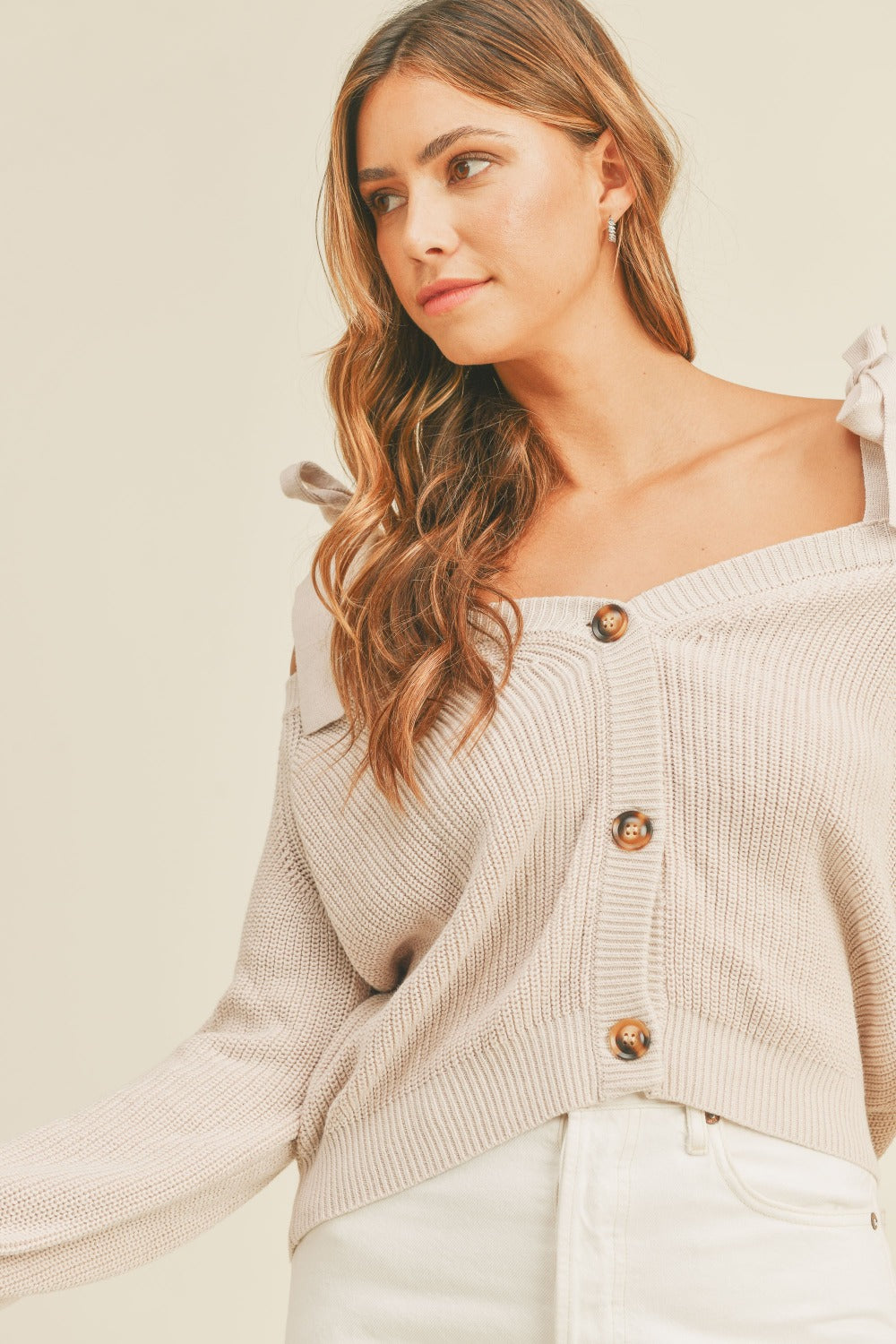 Off Shoulder Self Tie Strap Button Down Sweater