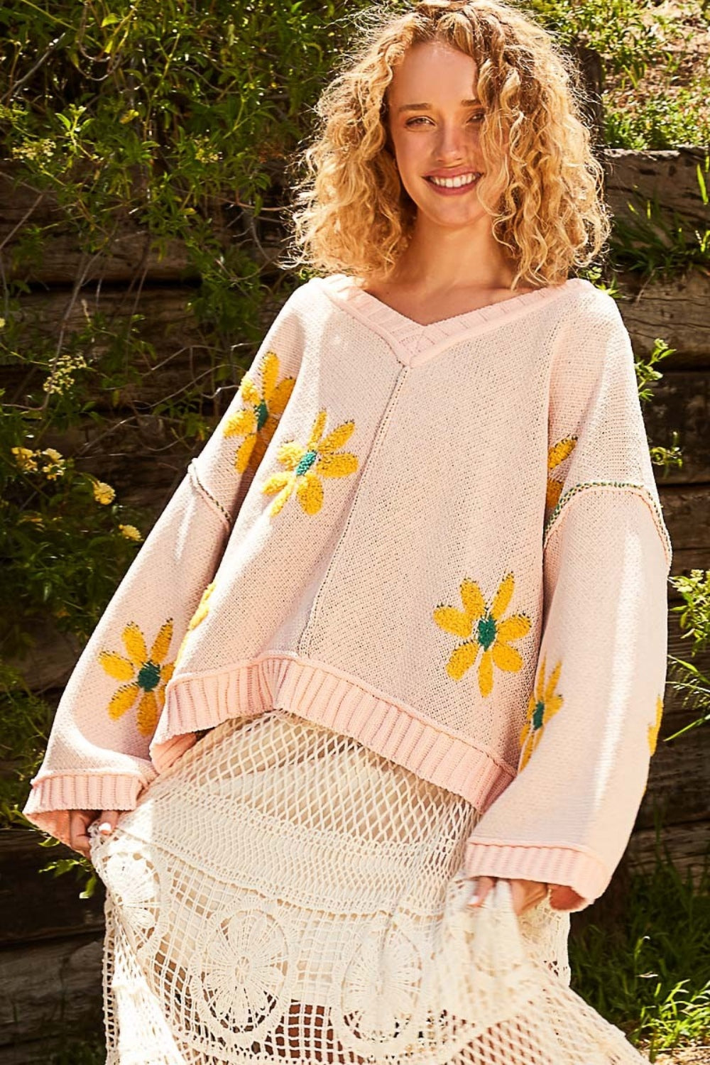 V-Neck Floral Pattern Chenille Sweater