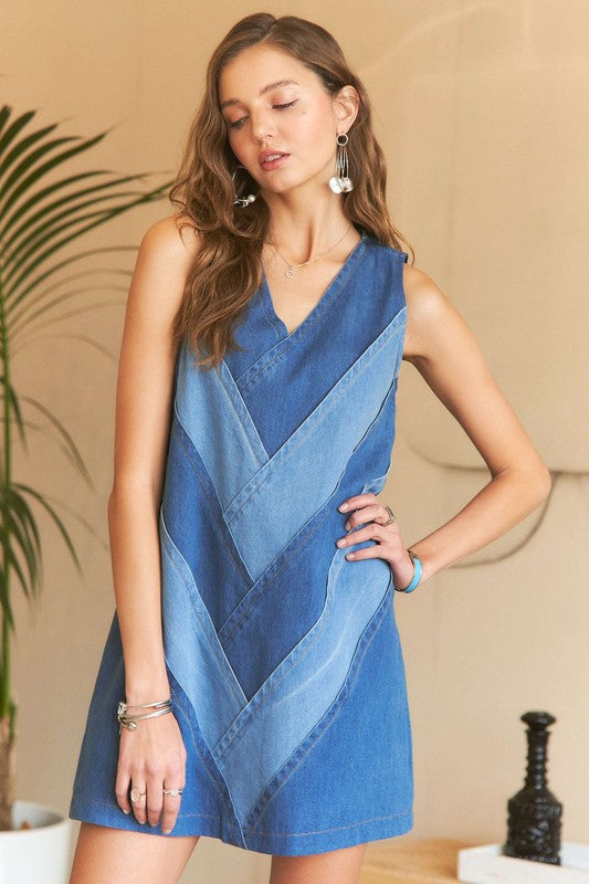 Chevron Color Block V-Neck Denim Dress