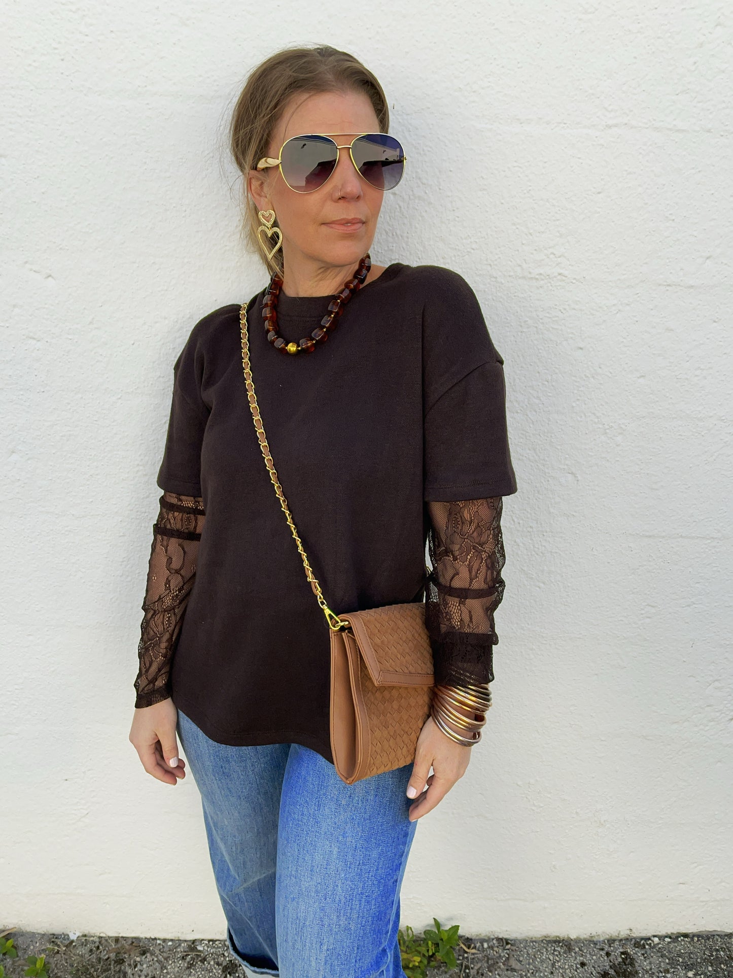 Brown Jenny Short Sleeve Sweater with Built in Lace Sleeve