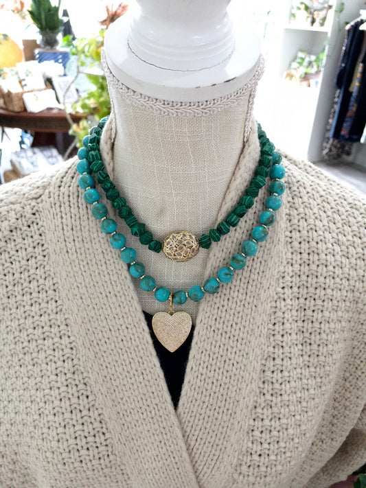 Camden Green Beaded Necklace with Leah Cz Heart