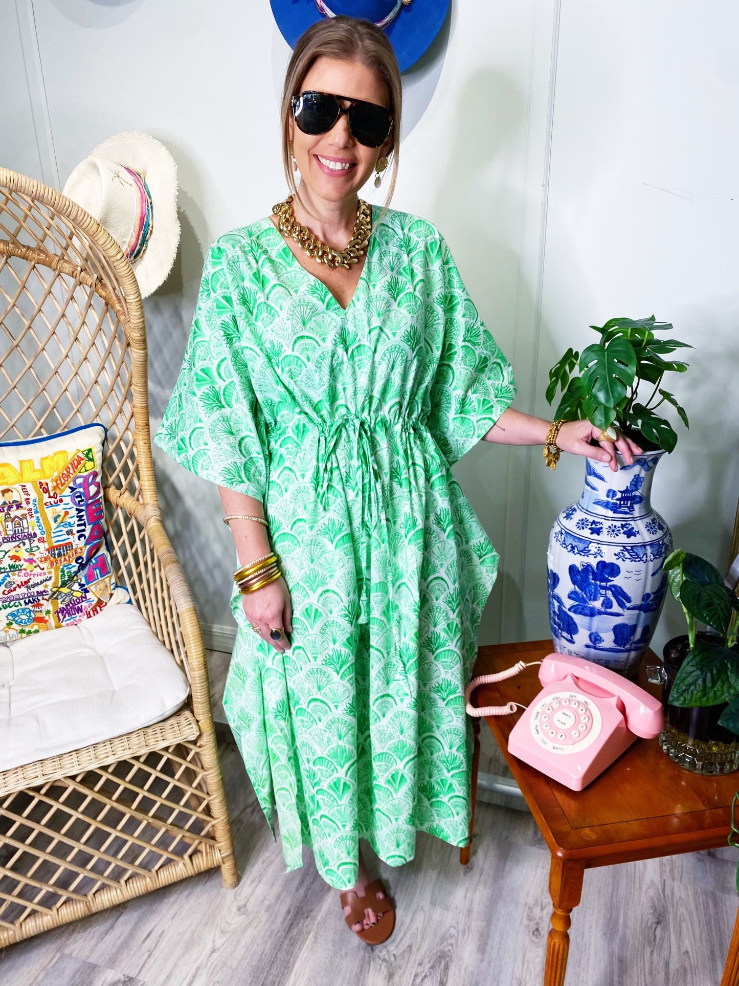 Emma Kaftan Green & White Fan